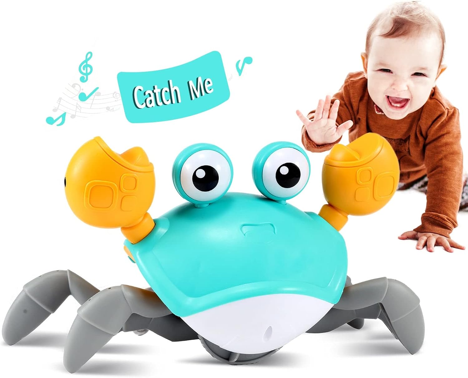 Green classic Crawling Crab toy with orange claws, gray legs and big googly eyes