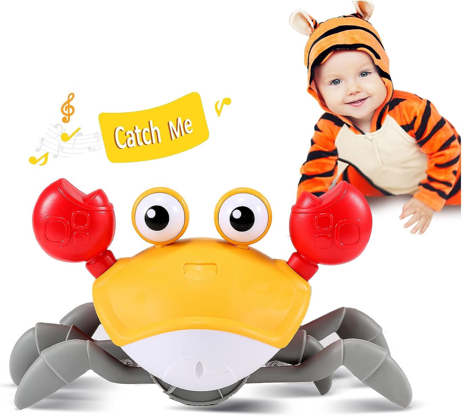 Orange classic Crawling Crab toy with a yellow-orange shell, red claws and gray legs