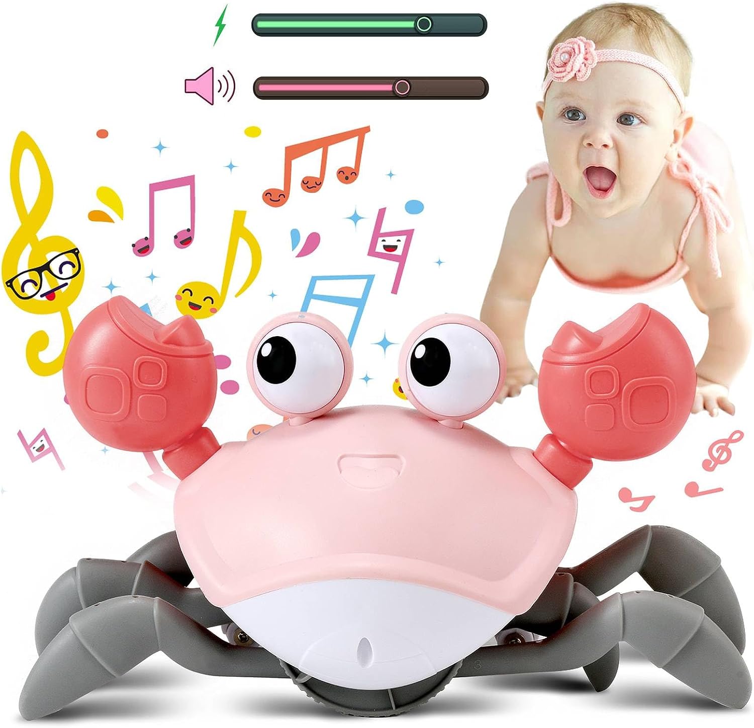 Pink classic Crawling Crab toy with coral claws, gray legs and big eyes