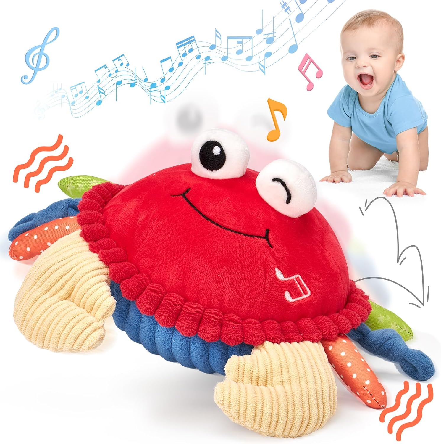 Red plush musical crab toy with a smiling embroidered face, corduroy claws and polka-dot legs