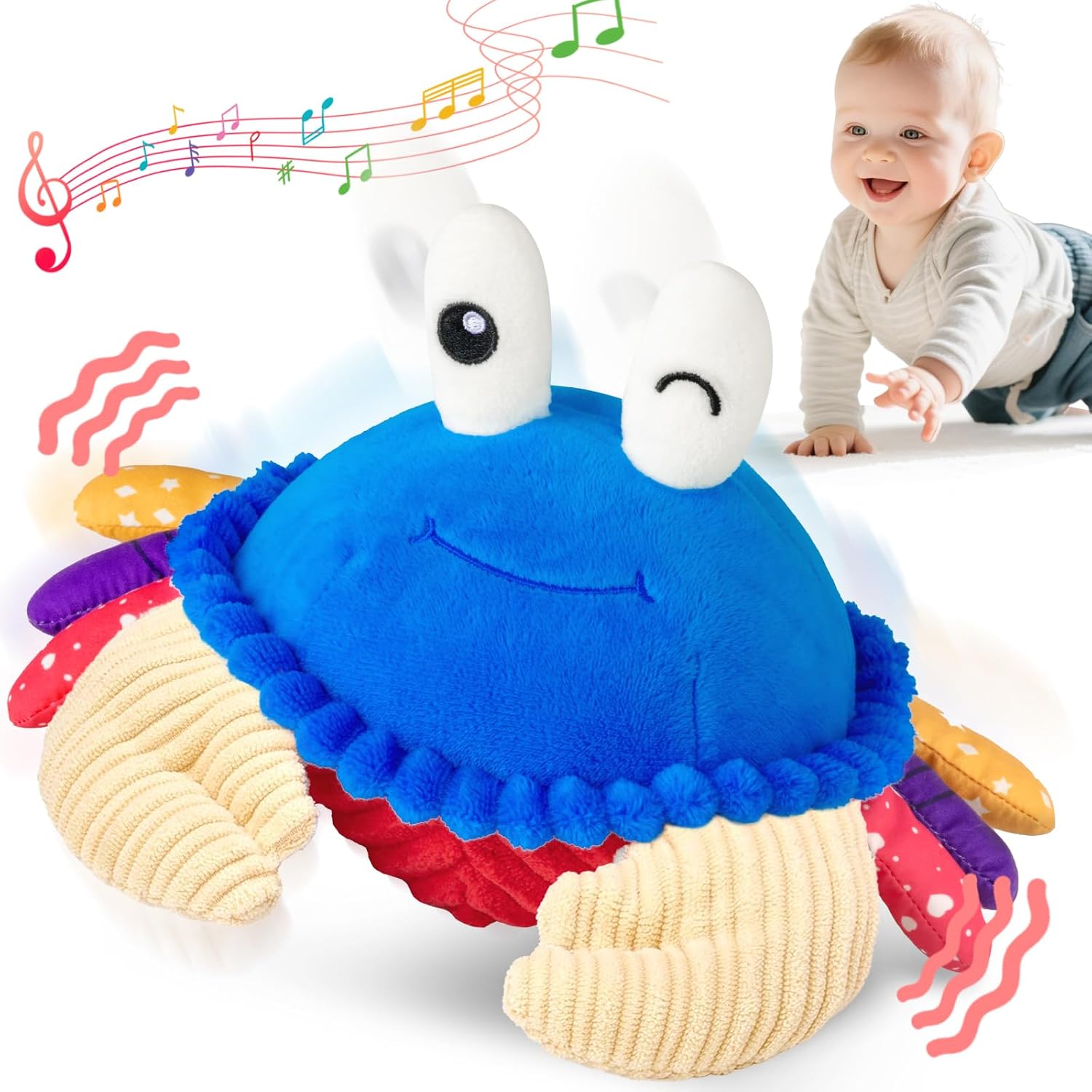 Blue SAIMAND plush musical crab toy with a winking face, cream corduroy claws and colorful patterned legs