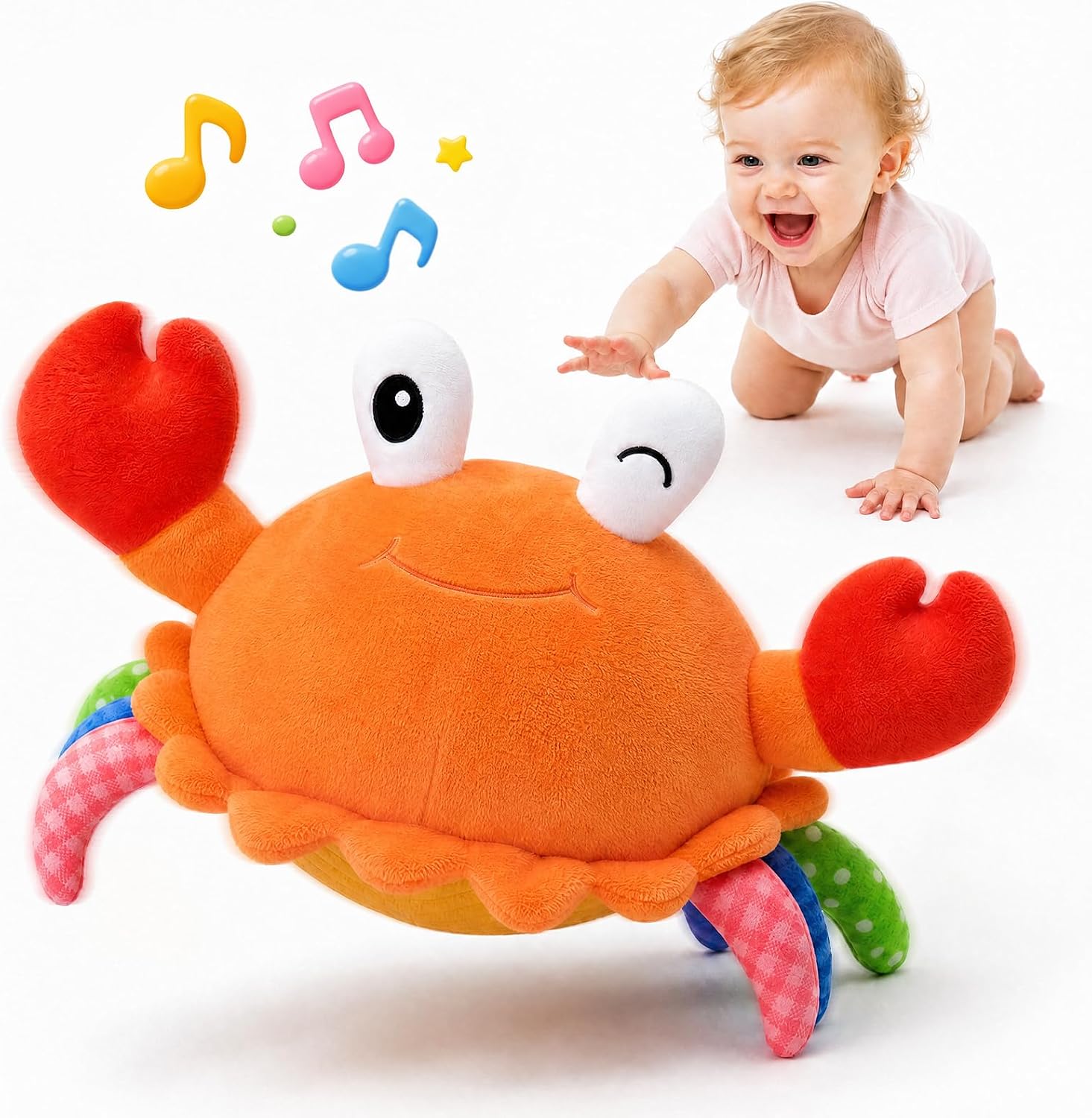 Orange SAIMAND plush musical crab toy with red claws, a winking face and rainbow patterned legs